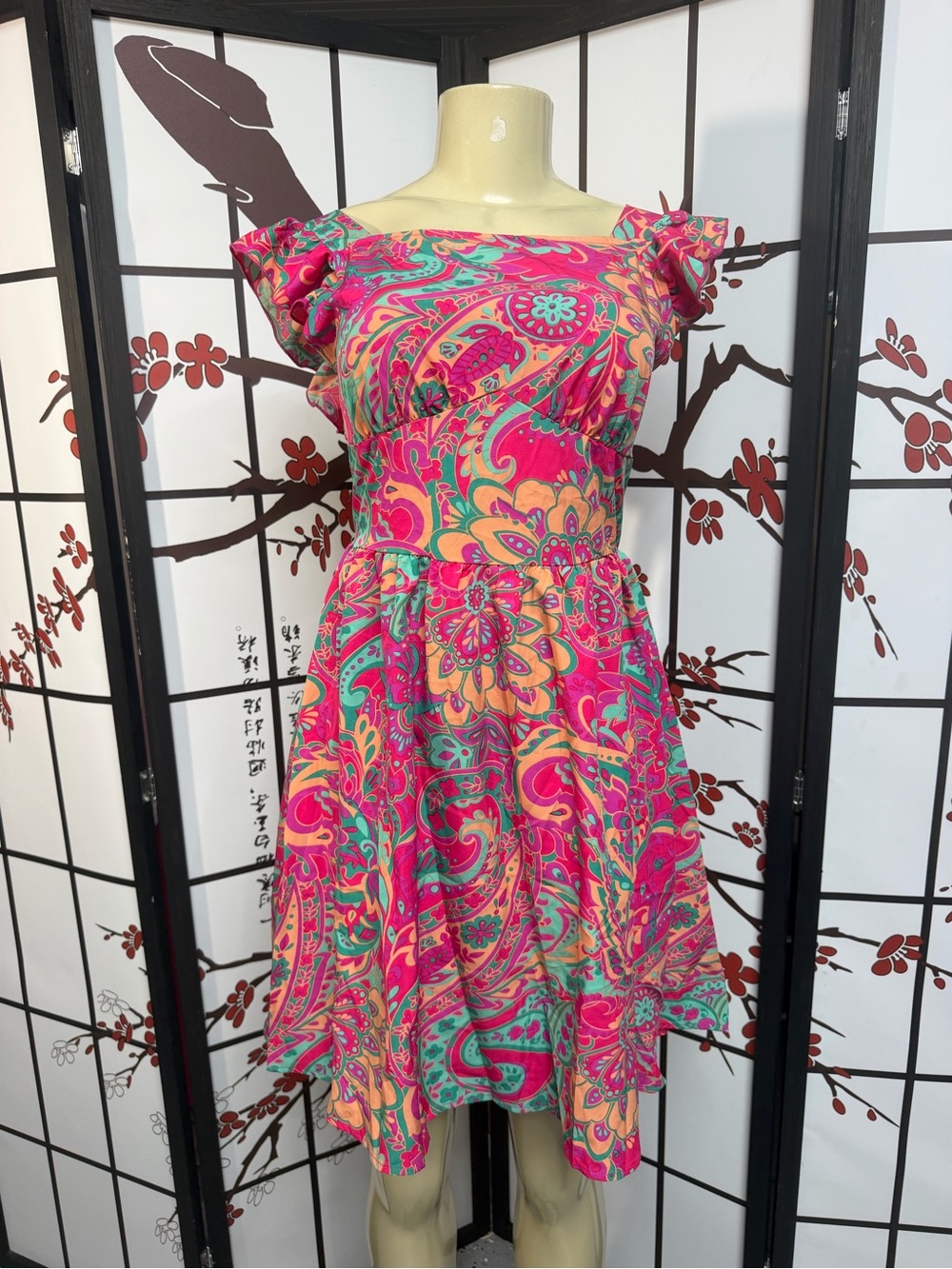 SHEIN Pink Paisley One-Shoulder Fit & Flare Dress